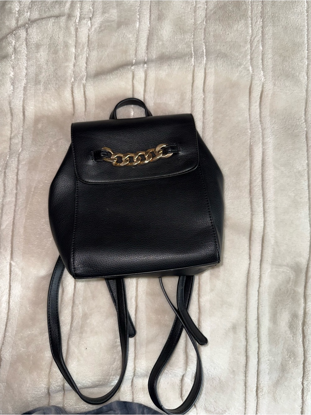 Black Leather Mini Backpack with Gold Chain Accent